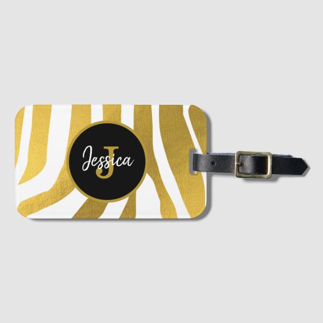 Étiquette À Bagage Customisé Faux Gold Zebra Print Stripes Motif (Devant Horizontal)