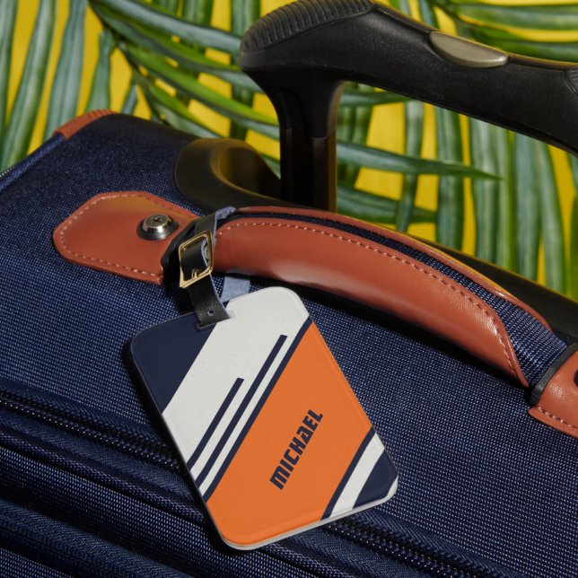 Étiquette À Bagage Customized Retro Stripes in blue orange (Insitu Rectoal 1)