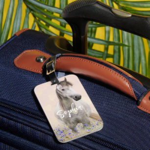 Étiquette À Bagage Cute Blanc Cheval Purple Fleur Personnalisée