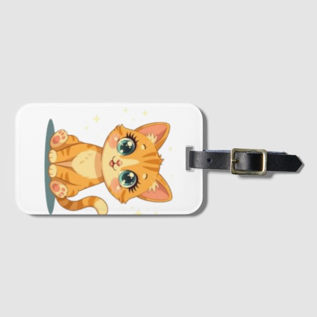 Étiquette À Bagage **Cute Cartoon Cat – Adorable Kitty Illustration** (Devant Horizontal)