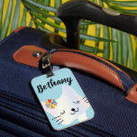 Étiquette À Bagage Cute Chat et Fleurs Dotty Personnalisé<br><div class="desc">Doux visage de chat smiley sur pastel dotty arrière - plan.</div>