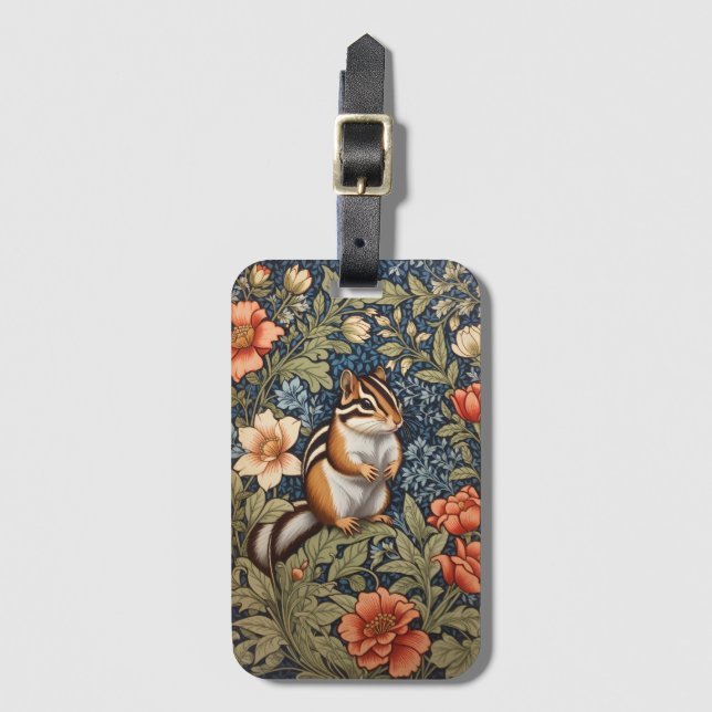 Étiquette À Bagage Cute Chipmunk William Morris Inspiré Floral (Devant Vertical)