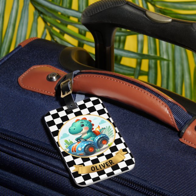 Étiquette À Bagage Cute Dinosaur Driving a Race Car (Insitu Rectoal 1)