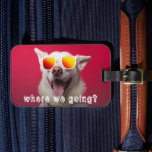 Étiquette À Bagage Cute Dog Photo<br><div class="desc">"Where we going?" text over a cute dog photo (can be changed to your dog) on a fun luggage tag with a slot for a business card on the back.</div>