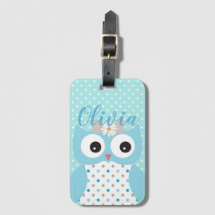 Étiquette À Bagage Cute Dotty Blue Owl Art Personnalisé Girls