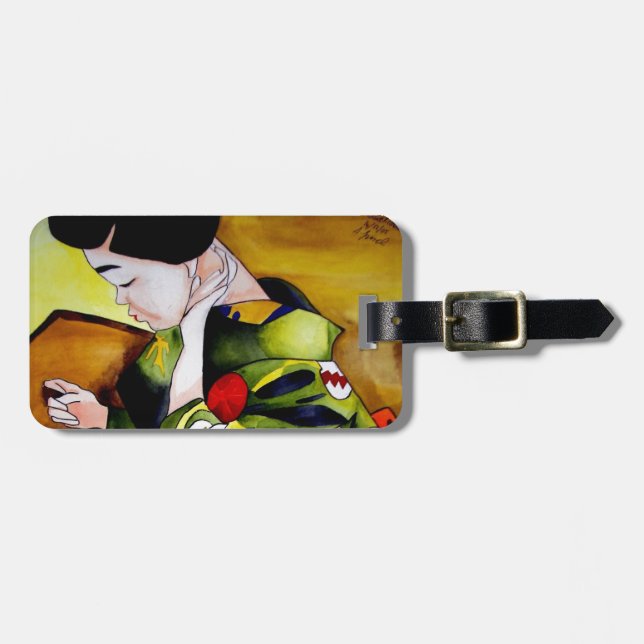 Étiquette À Bagage Cute Geisha with green kimono original art (Devant horizontal)