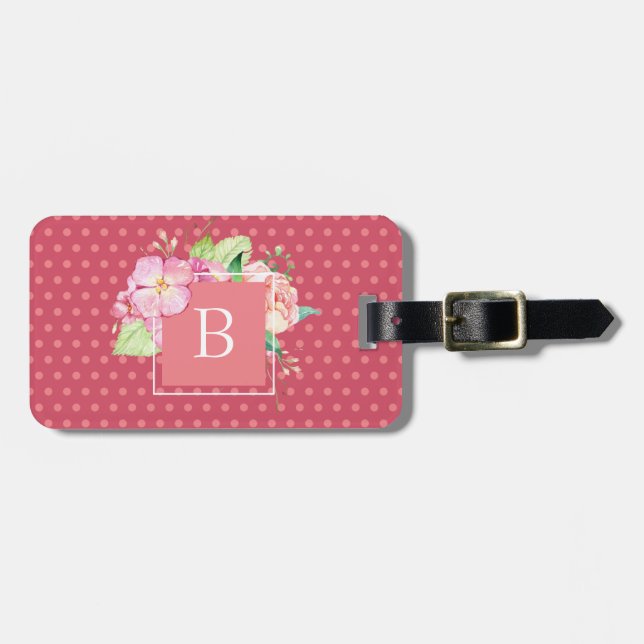Étiquette À Bagage Cute Girly Chic Rose Floral Monogramme initial (Devant horizontal)