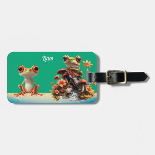 Étiquette À Bagage Cute Grenouille d'arbre bleu sur la feuille verte