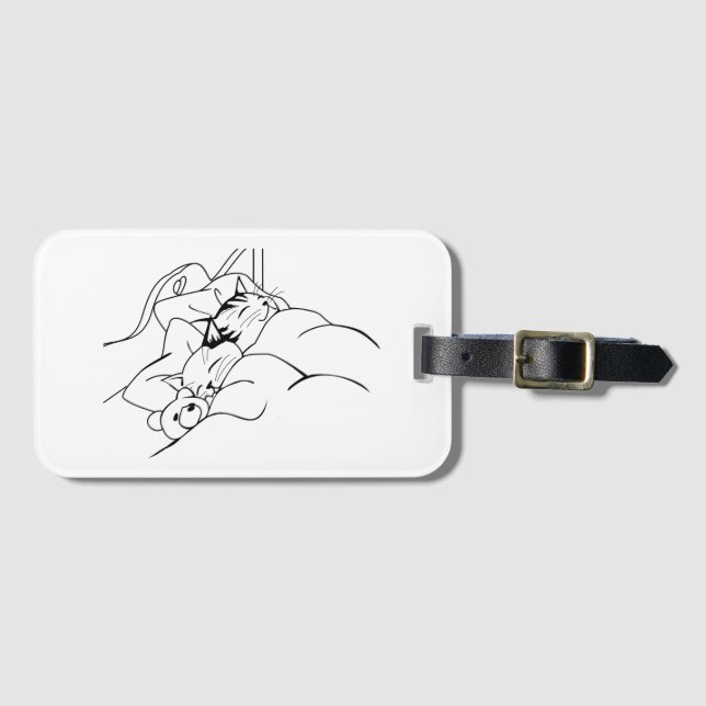 Étiquette À Bagage Cute Happy Chats dormant dans un lit avec ours en  (Devant Horizontal)