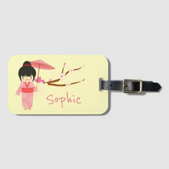 Étiquette À Bagage Cute japonaise rose cerise Blossom Geisha (Devant Horizontal)