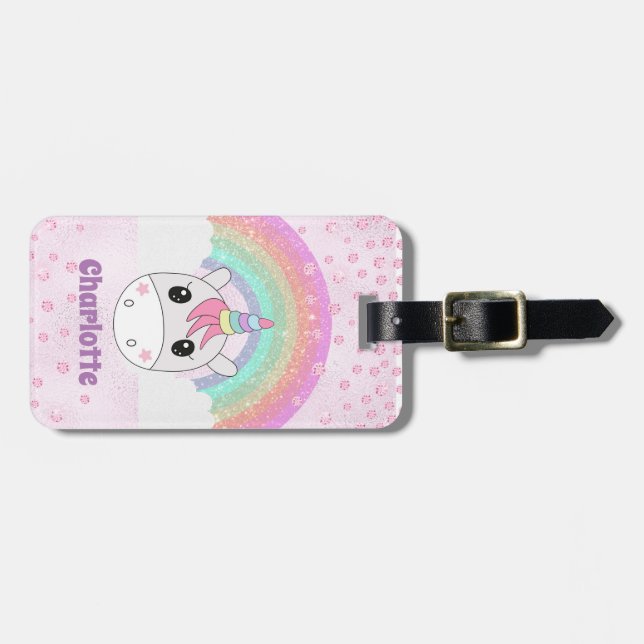 Étiquette À Bagage Cute Kawaii Rainbow Unicorn avec nom personnalisé (Devant horizontal)