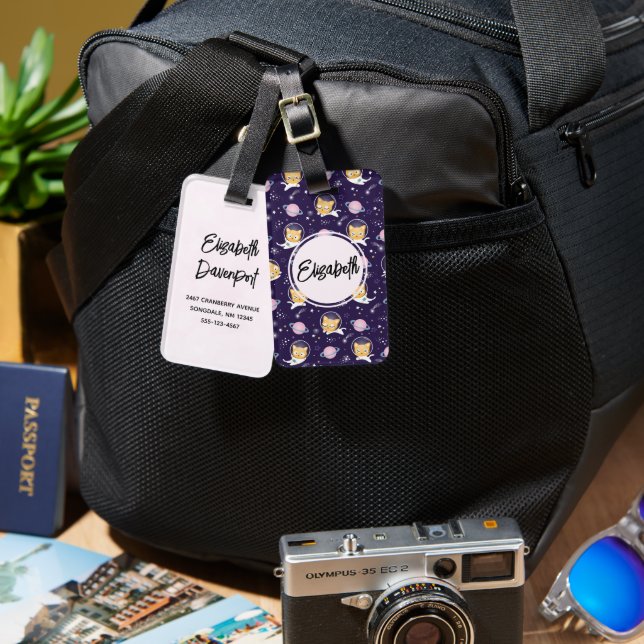 Étiquette À Bagage Cute Kitty Chat Astronauts Motif (Recto & Verso)