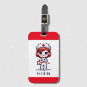 Étiquette À Bagage Cute Manga Nurse avec cheveux rouge bleu yeux Pers