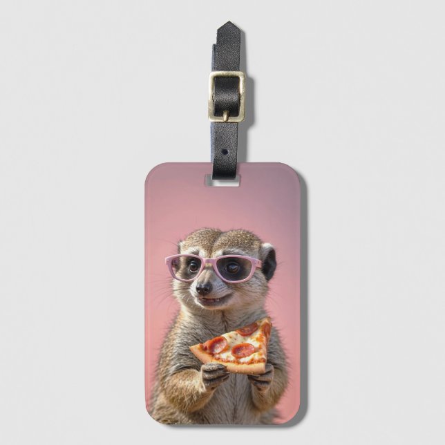 Étiquette À Bagage Cute Meerkat avec lunettes et pizza (Devant Vertical)