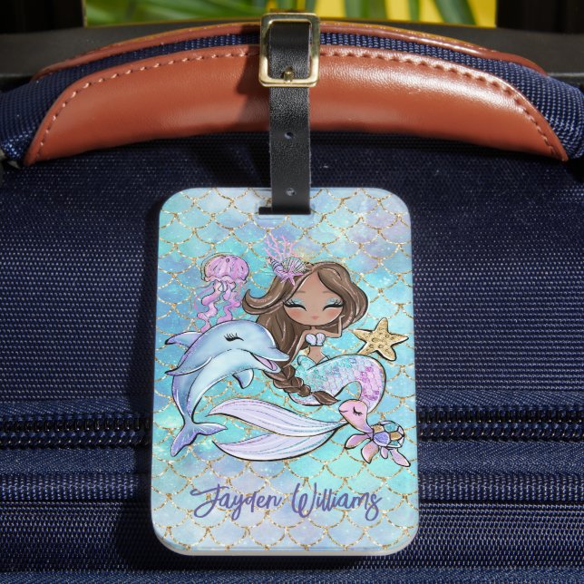 Étiquette À Bagage Cute Mermaid Brown fille Nom personnalisé Enfants (Insitu Rectoal 2)