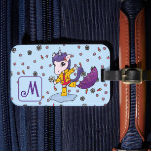 Étiquette À Bagage Cute personnalisée et simple Unicorne bleue floral