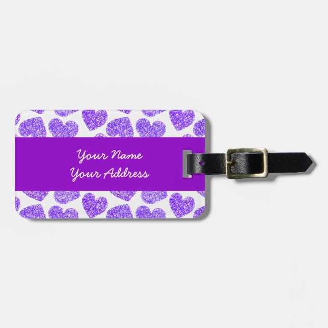 Étiquette À Bagage Cute Purple Doodled Heart Valentine's Day Motif (Devant horizontal)