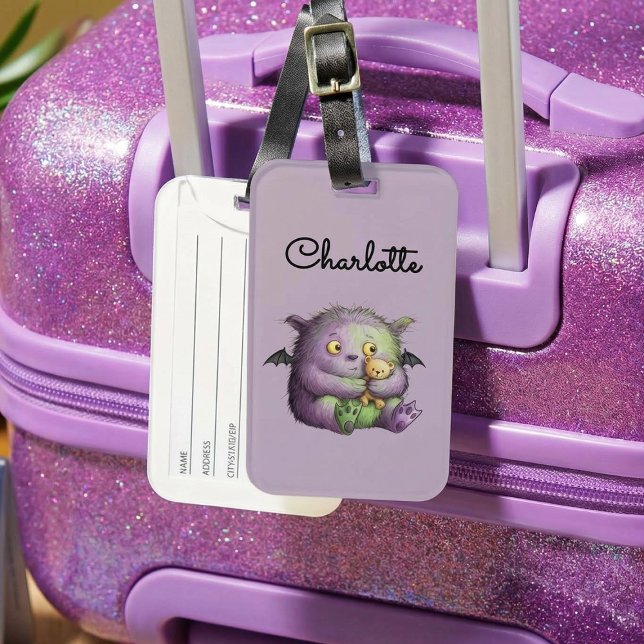Étiquette À Bagage Cute Purple Green Fluffy Monster Buddy (Créateur téléchargé)