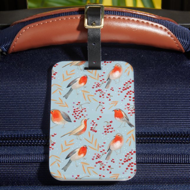 Étiquette À Bagage Cute Robin Bleu hiver Oiseaux de Noël motif (Insitu Rectoal 2)