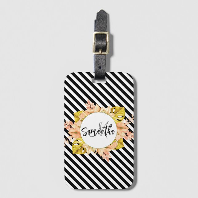 Étiquette À Bagage Cute Stripes et Monogramme Floral (Devant Vertical)