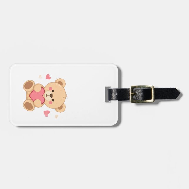 Étiquette À Bagage Cute Teddy Bear Holding Heart – Valentine Love Ill (Devant horizontal)