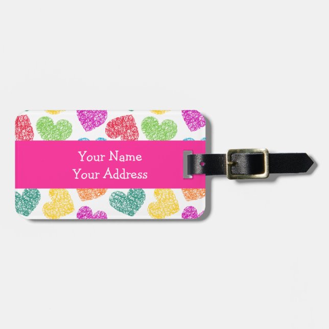 Étiquette À Bagage Cute Vibrant Doodled Heart Valentine's Day Motif (Devant horizontal)