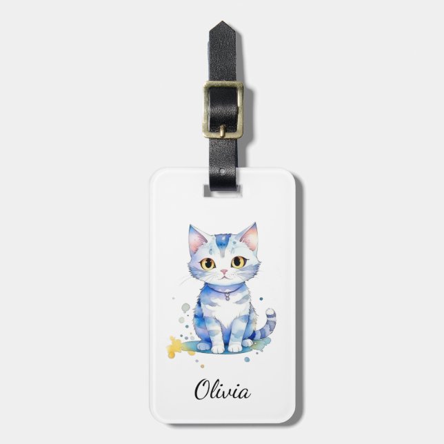 Étiquette À Bagage Cute watercolor cat (chaton) design (Devant Vertical)
