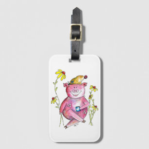 Étiquette À Bagage Cute Whimsical Cochon Boire Café