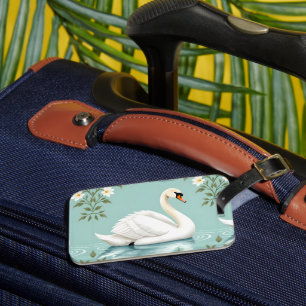 Étiquette À Bagage Cygne blanc élégant floral bleu