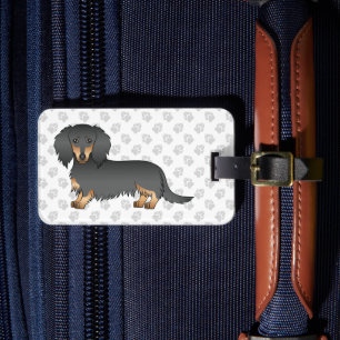 Étiquette À Bagage Dachshund à poil long noir et feu Dessin animé Chi
