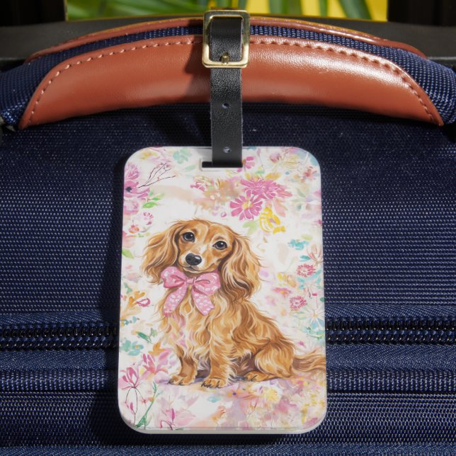 Étiquette À Bagage Dachshund à poils longs aquarelle florale pastel (Insitu Rectoal 2)