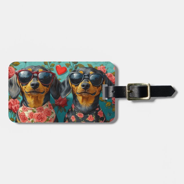 Étiquette À Bagage Dachshund avec coeur Roses Saint-Valentin (Devant horizontal)