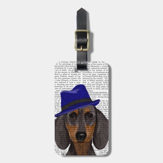 Étiquette À Bagage Dachshund Avec Trilby Bleu (Devant Vertical)