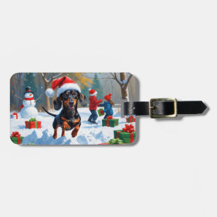 Étiquette À Bagage Dachshund Courir en neige avec Casquette de Noël