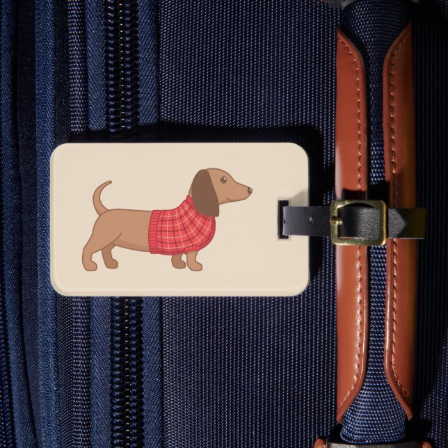 Étiquette À Bagage Dachshund Wiener Dog Sweat rouge plaid sur le beig (Insitu Rectoal 4)