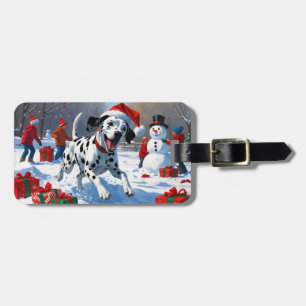 Étiquette À Bagage Dalmatien courant dans la neige avec un chapeau de