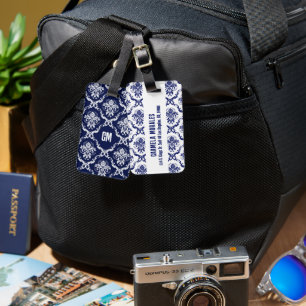 Étiquette À Bagage Damas Floral Bleu & Blanc