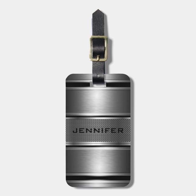 Étiquette À Bagage Damas-Monogramme noir et argent en métal et en mét (Devant Vertical)