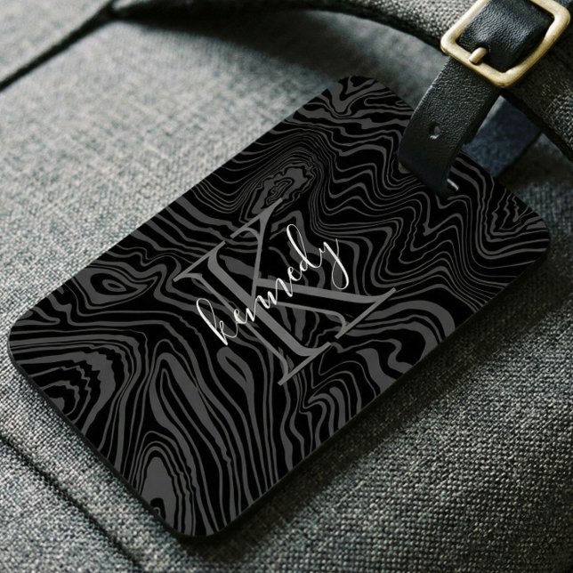 Étiquette À Bagage Damascus Steel Motif Custom Monogramme & Nom (Custom Monogram Name Black Damascus Steel Pattern Luggage Tag)
