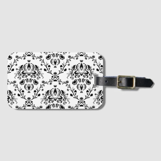 Étiquette À Bagage Damask blanc et noir (Devant Horizontal)
