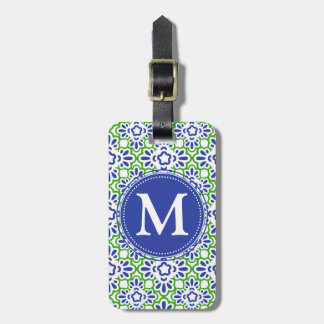 Étiquette À Bagage Damassé élégante d'arabesque bleue et vert