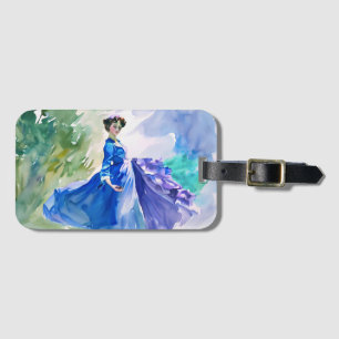 Étiquette À Bagage Dame en Robe Bleue - Peinture aquarelle