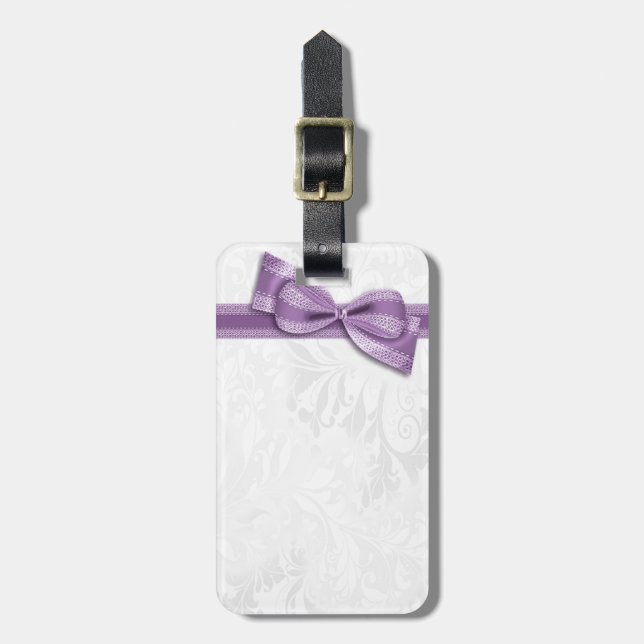 Étiquette À Bagage Damier blanc et nœud faux violet (Devant Vertical)