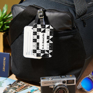 Étiquette À Bagage Damier monochrome et motif floral glamour