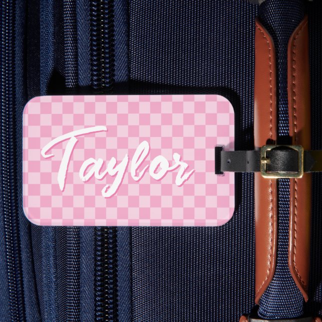 Étiquette À Bagage Damier Rose Clair et Pâle avec Nom en Gras (Insitu Rectoal 4)