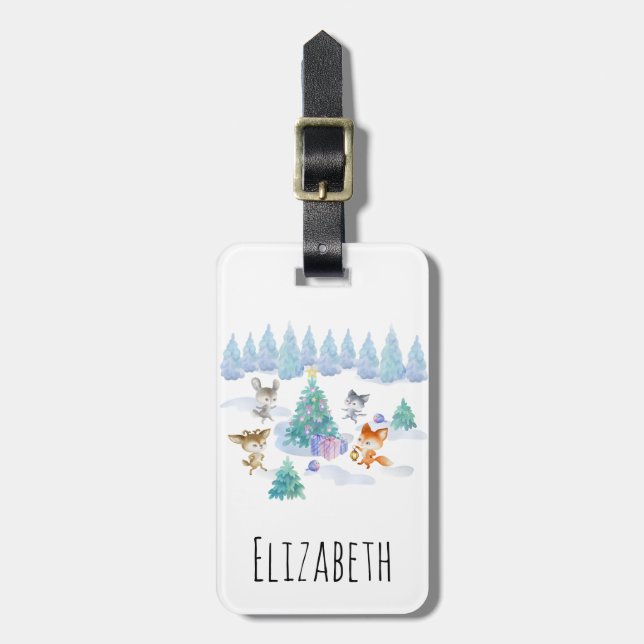 Étiquette À Bagage Danse Animaux de forêt Noël Aquarelle (Devant Vertical)