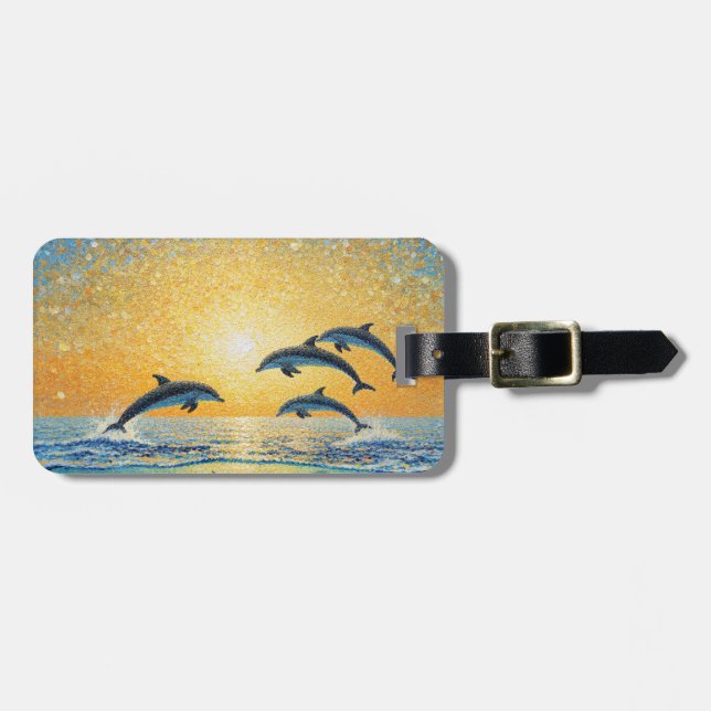 Étiquette À Bagage Dauphins au coucher du soleil (Devant horizontal)