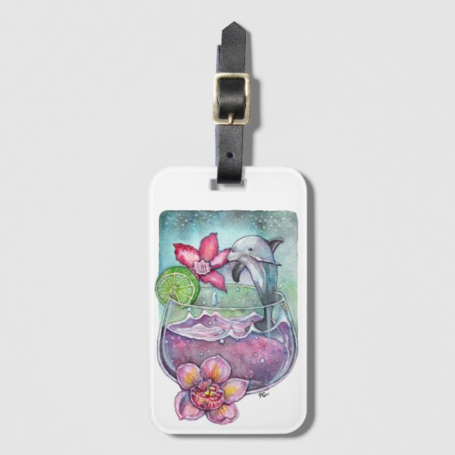 Étiquette À Bagage Dauphins et orchidées (Devant Vertical)