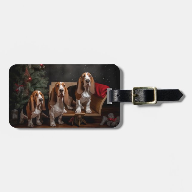 Étiquette À Bagage Décor de Noël Basset Hound Snowy Sleigh (Devant horizontal)