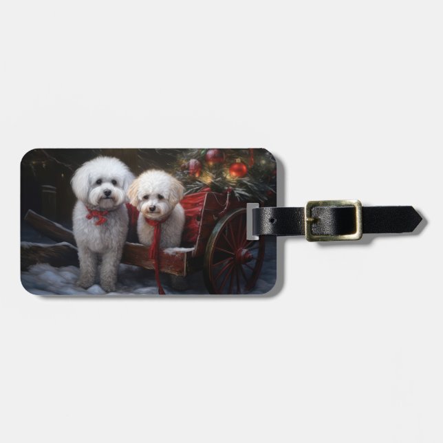 Étiquette À Bagage Décor de Noël Bichon Frise Snowy Sleigh (Devant horizontal)